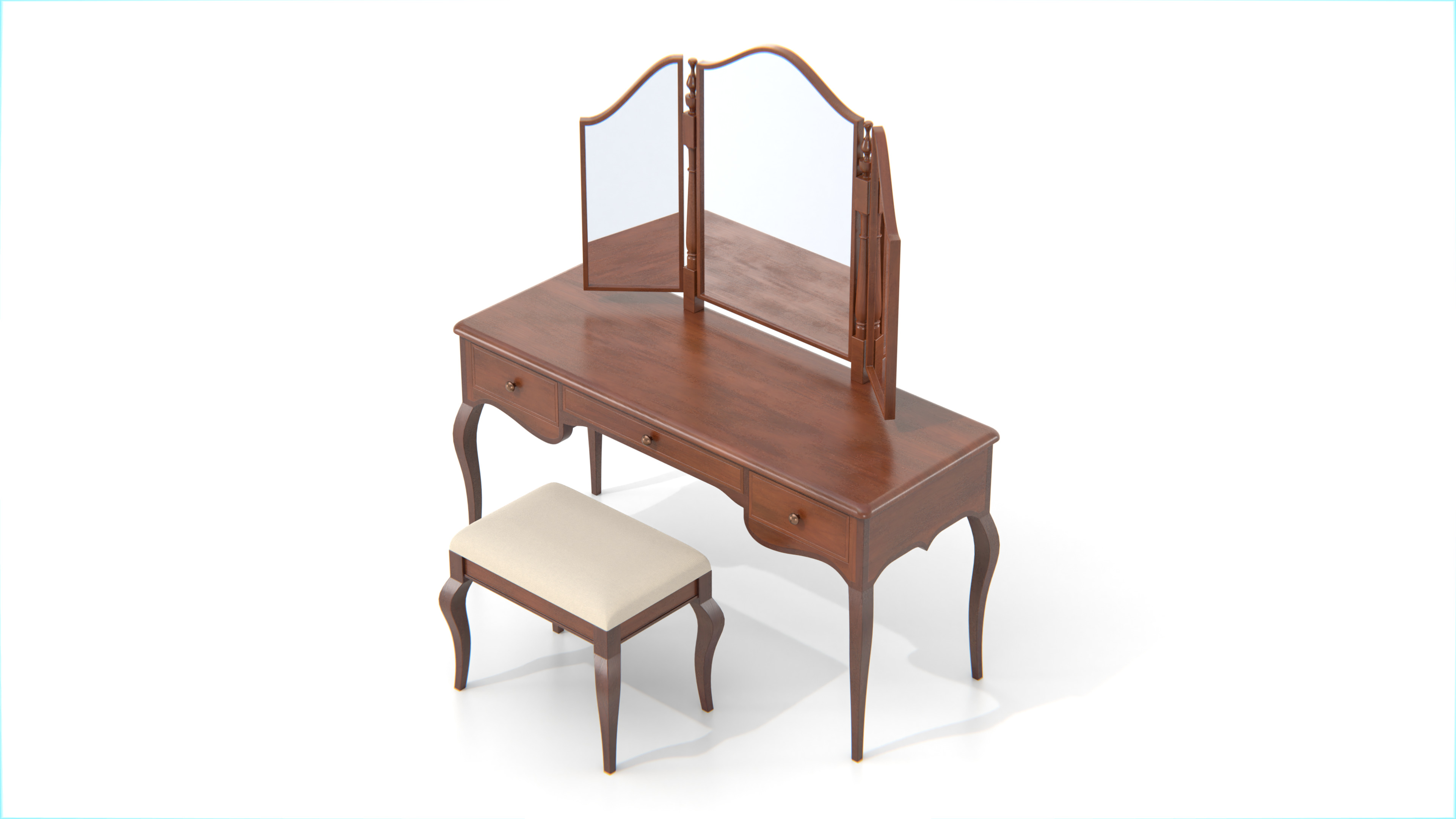 Antique Wooden Vanity Table with Tri-Fold Mirror and Stool Low-poly 3D model_5