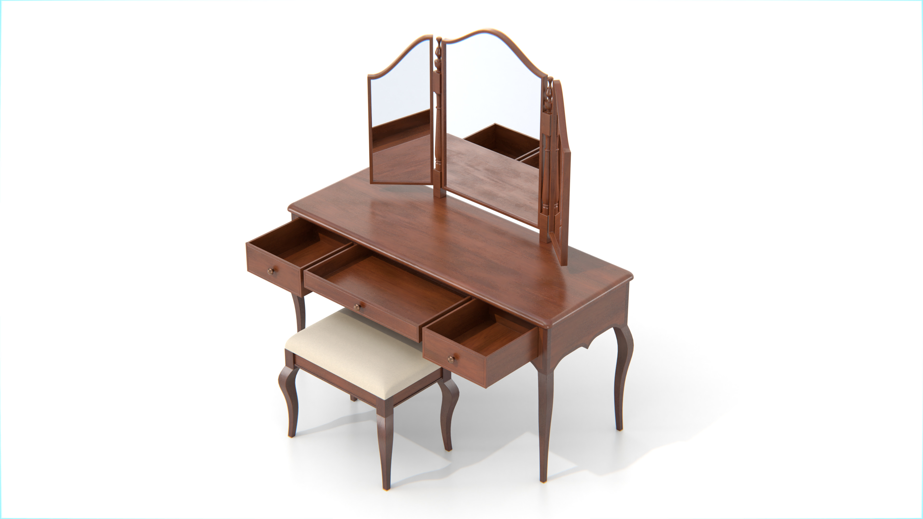 Antique Wooden Vanity Table with Tri-Fold Mirror and Stool Low-poly 3D model_6