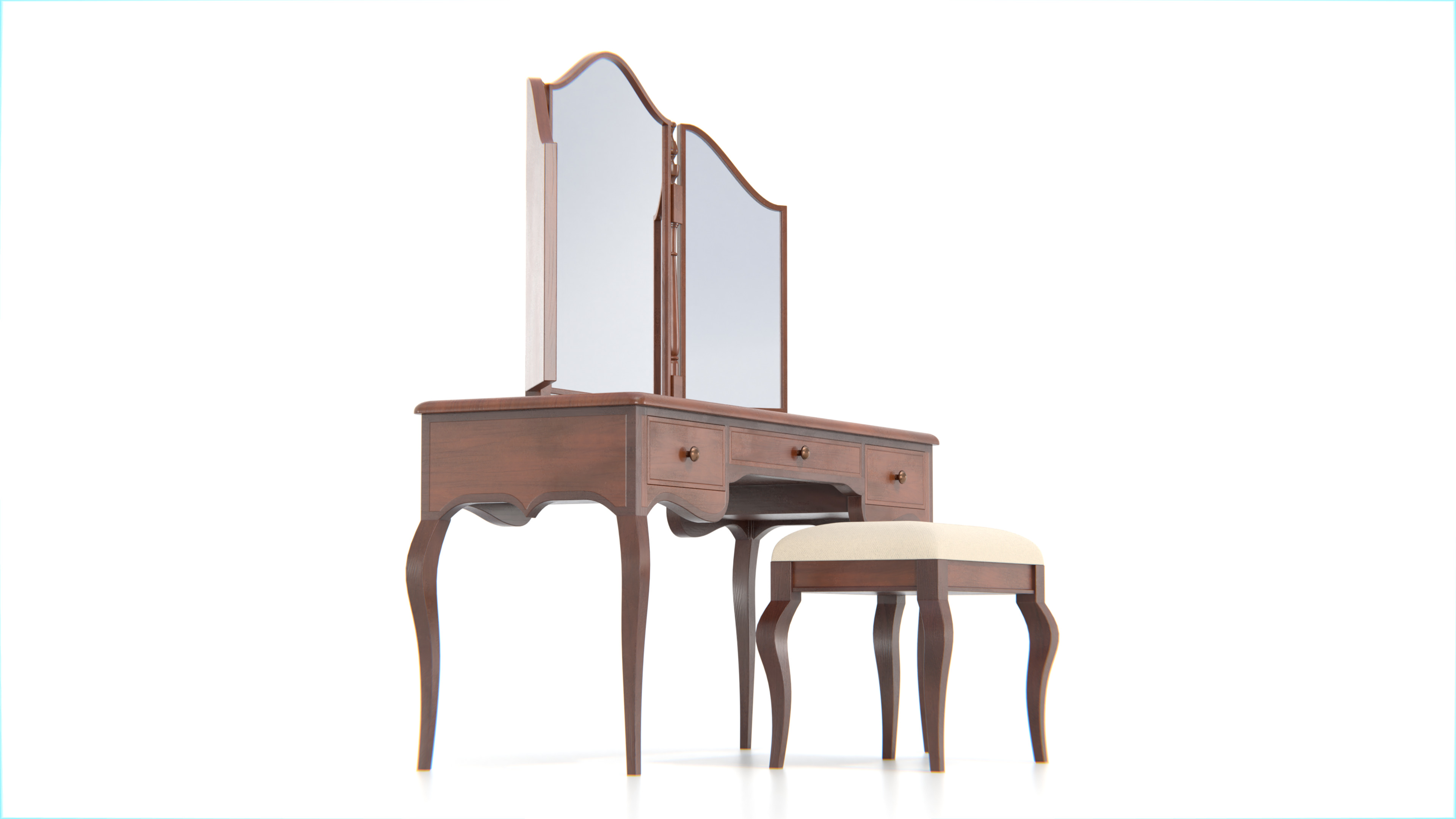 Antique Wooden Vanity Table with Tri-Fold Mirror and Stool Low-poly 3D model_3