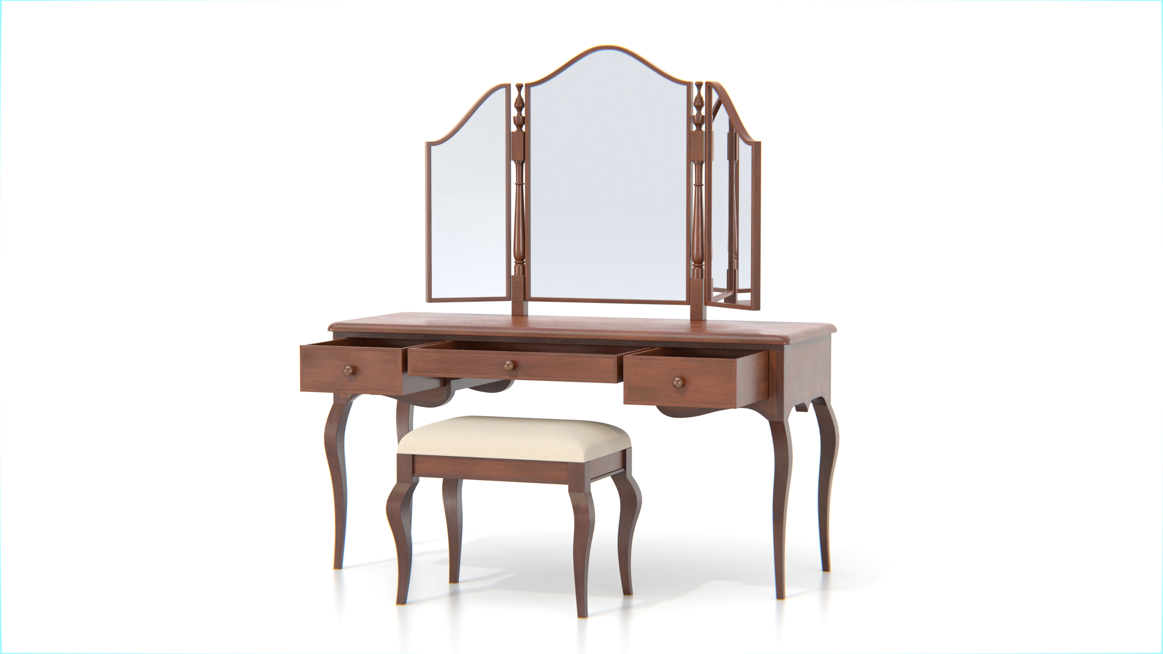 Antique Wooden Vanity Table with Tri-Fold Mirror and Stool Low-poly 3D model_1