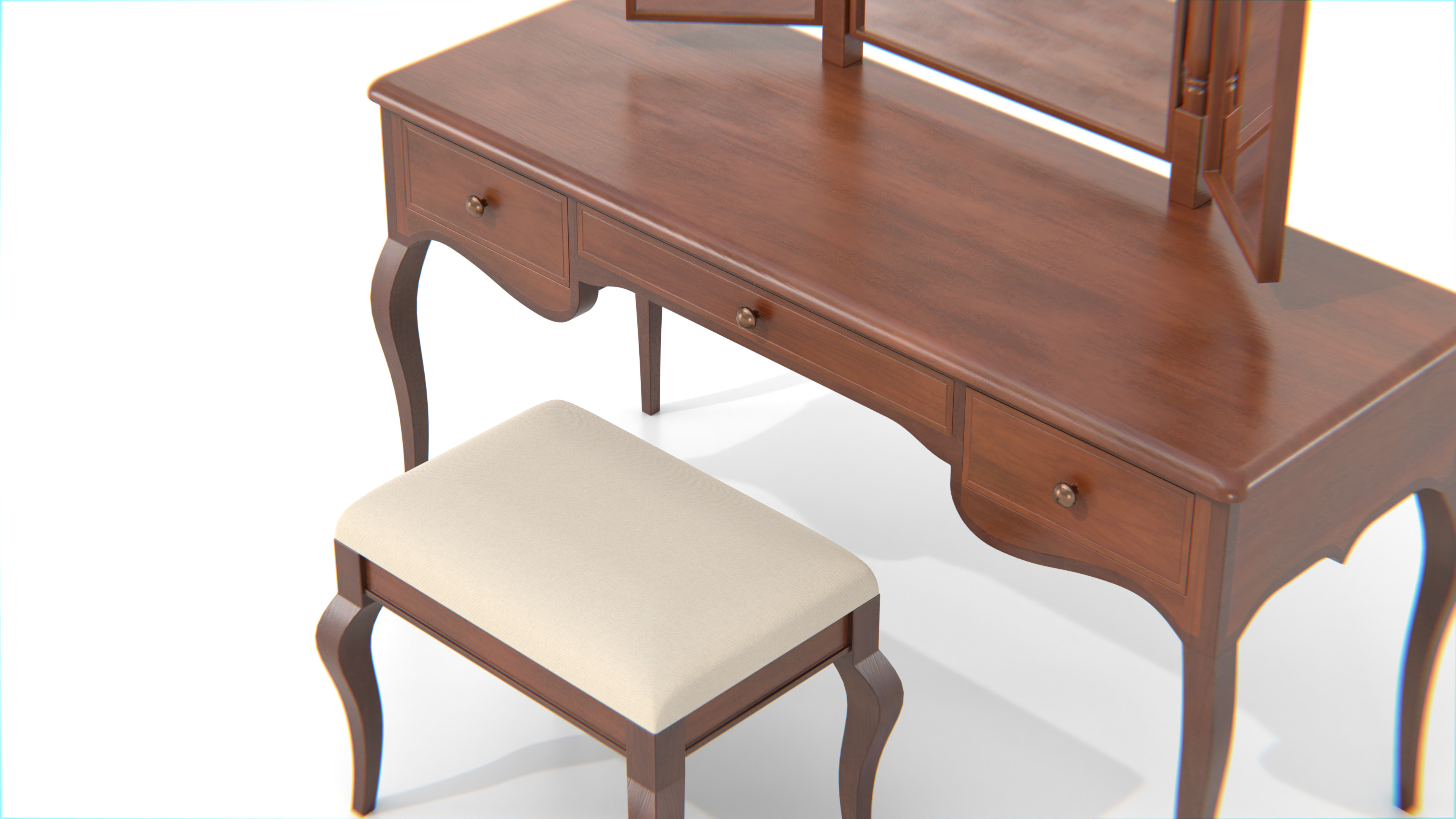 Antique Wooden Vanity Table with Tri-Fold Mirror and Stool Low-poly 3D model_9