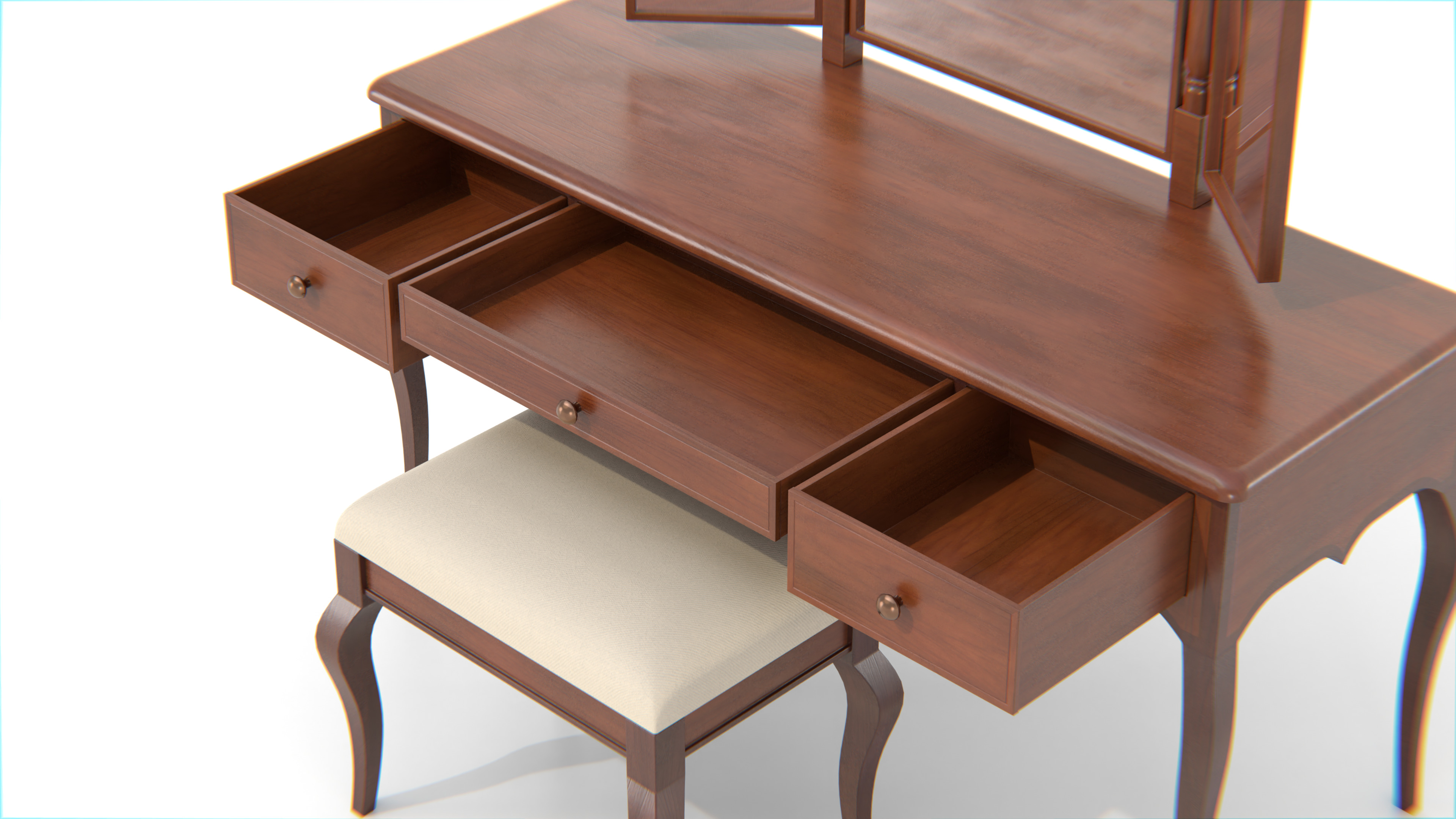 Antique Wooden Vanity Table with Tri-Fold Mirror and Stool Low-poly 3D model_10