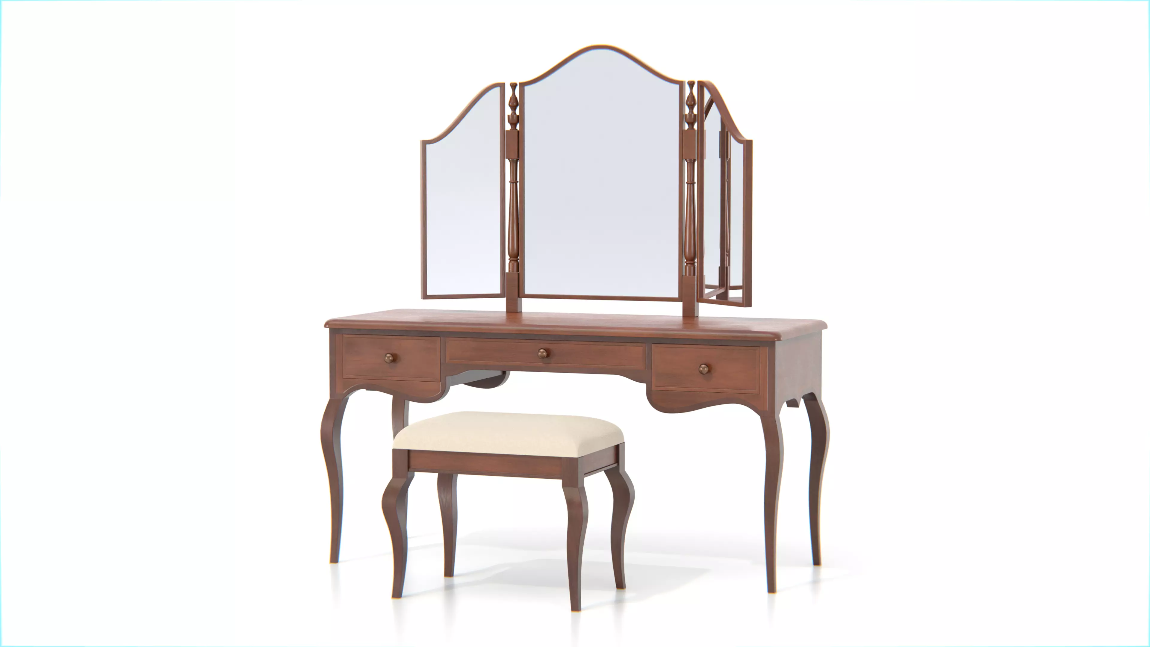 Antique Wooden Vanity Table with Tri-Fold Mirror and Stool Low-poly 3D model_0