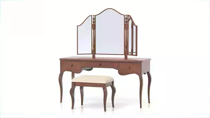 Antique Wooden Vanity Table with Tri-Fold Mirror and Stool