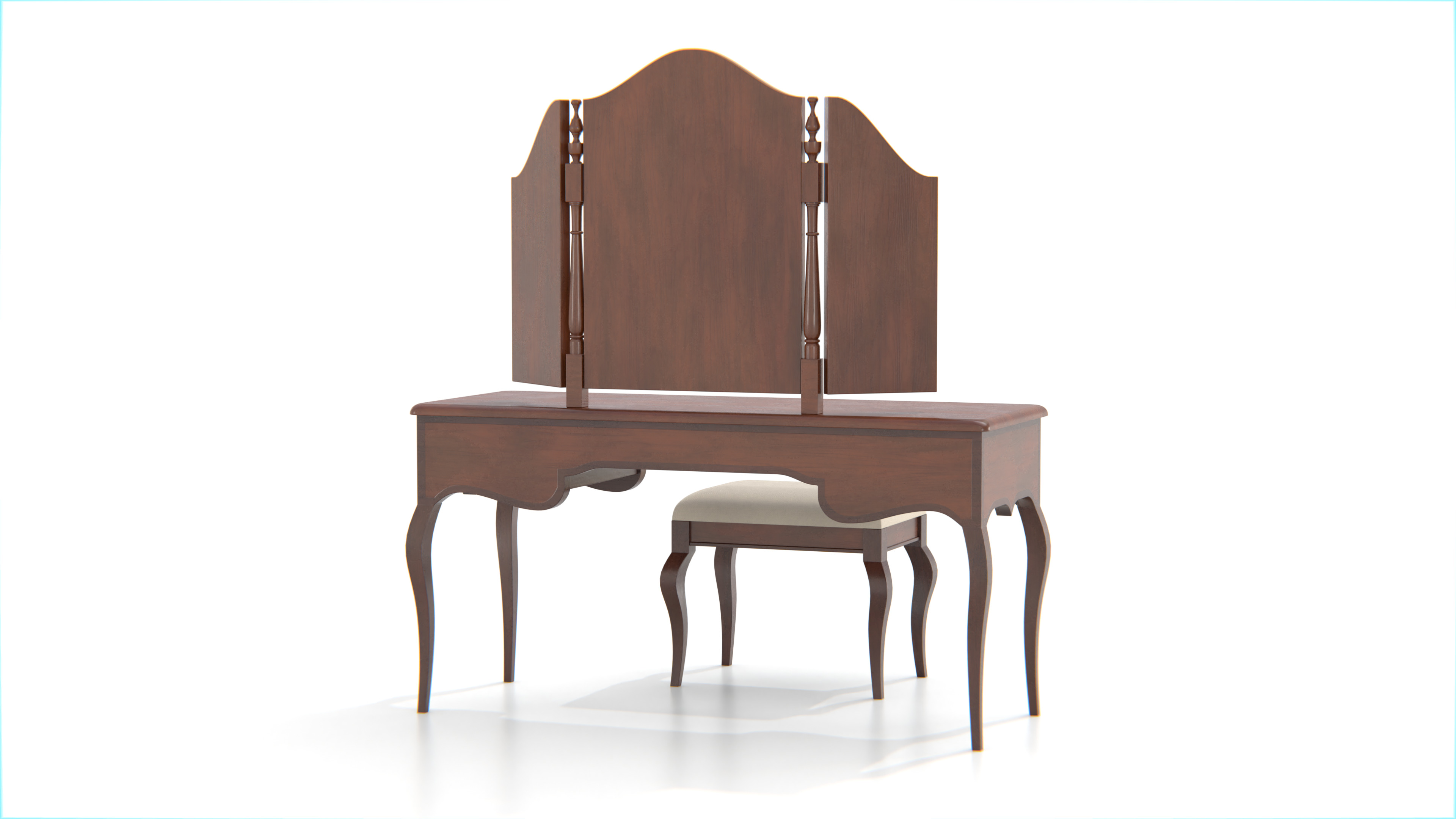 Antique Wooden Vanity Table with Tri-Fold Mirror and Stool Low-poly 3D model_11