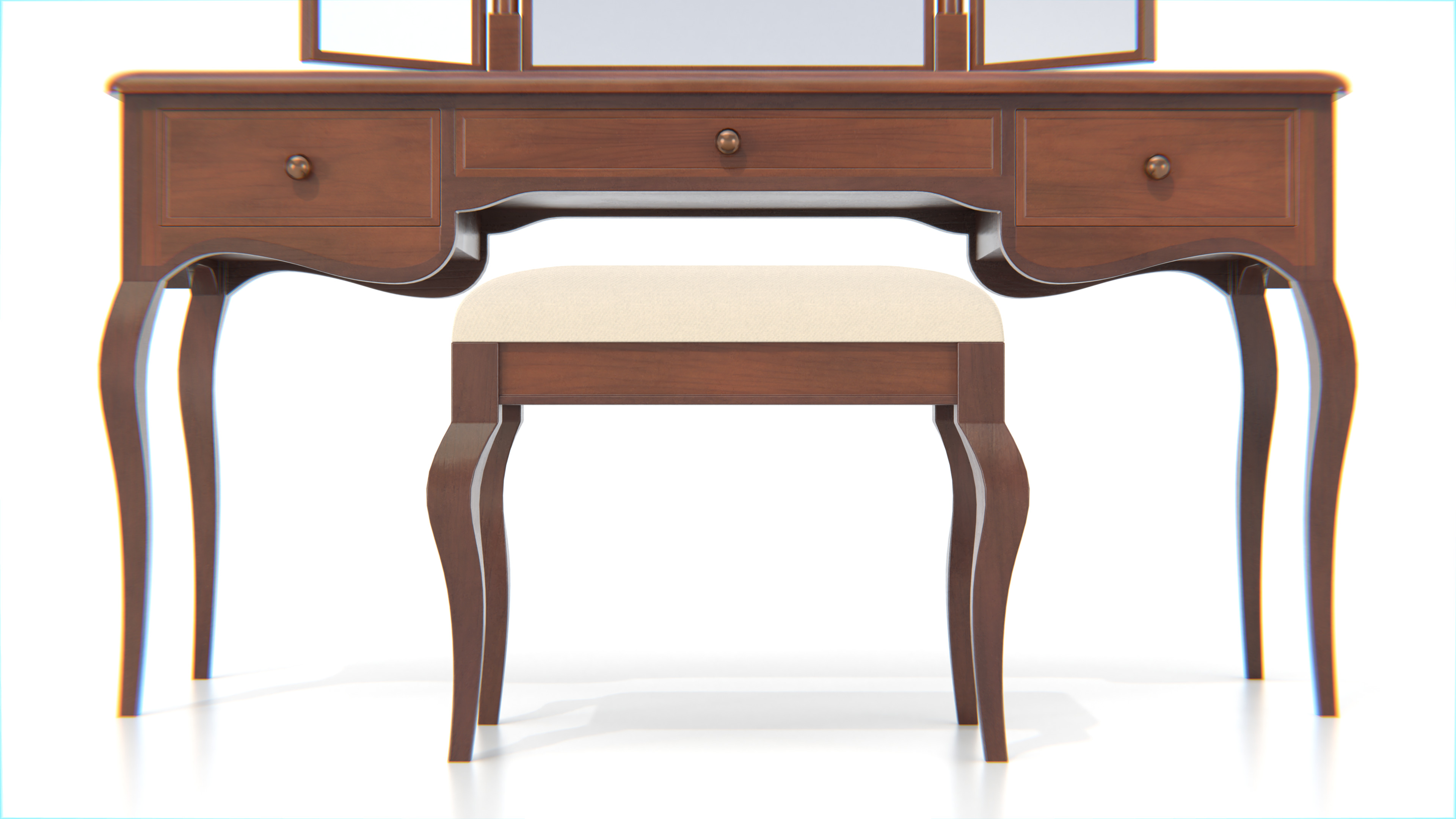 Antique Wooden Vanity Table with Tri-Fold Mirror and Stool Low-poly 3D model_7