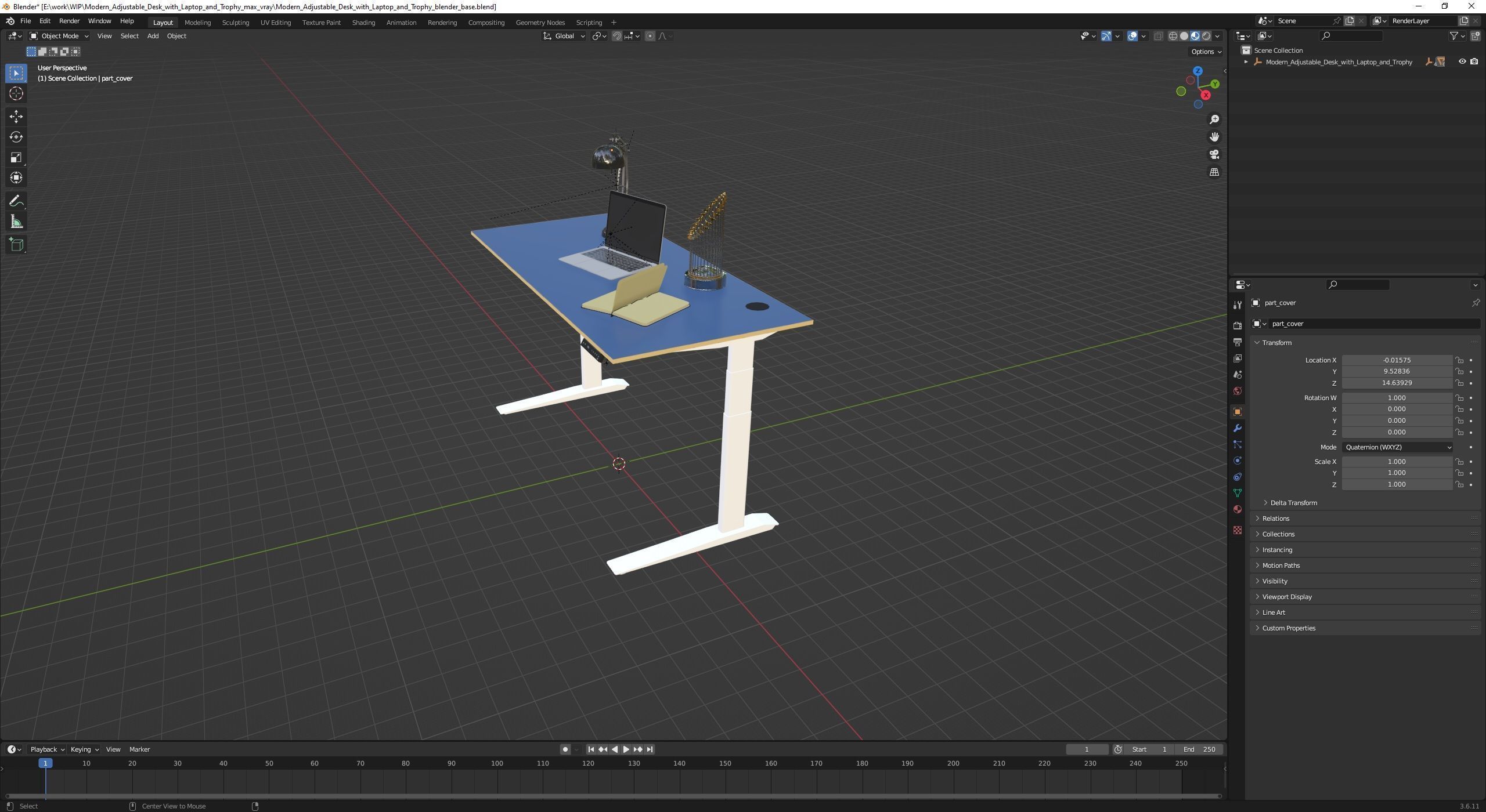 Baseball Modern Adjustable Desk with Laptop and Trophy 3D model_31