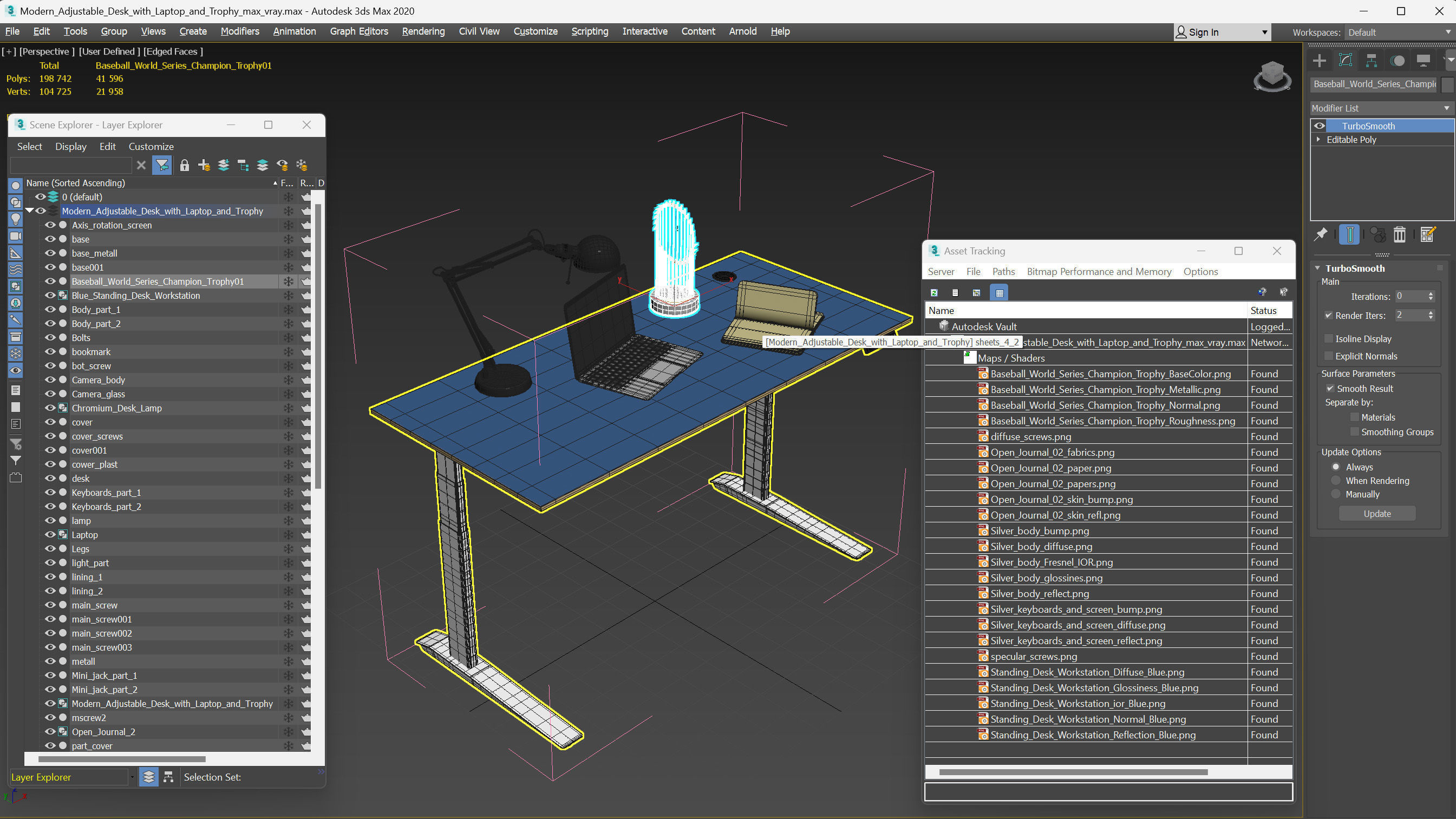 Baseball Modern Adjustable Desk with Laptop and Trophy 3D model_30