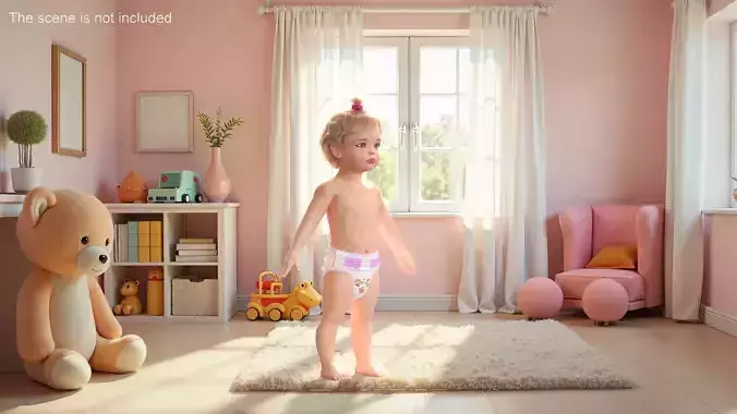 One Year Old Girl in Diaper Fur Rigged 3D model