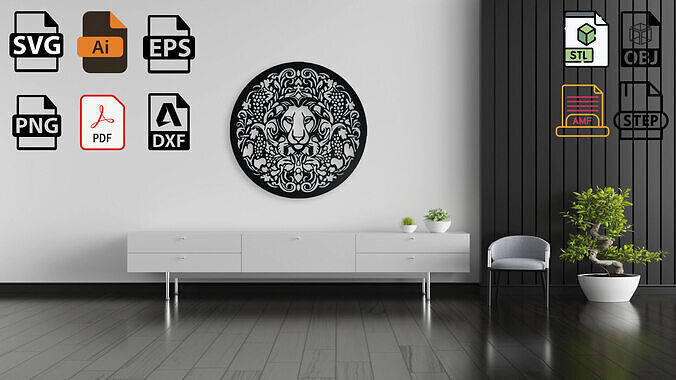 Ornate Lion Head with Grapevine Wreath Wall Art 3D print model