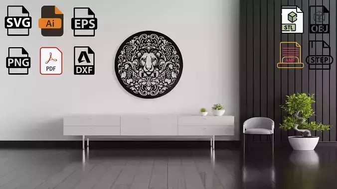 Ornate Lion Head with Grapevine Wreath Wall Art