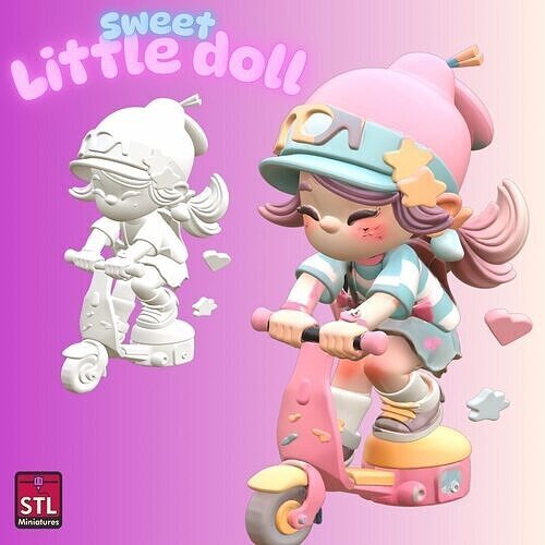 Sweet Little Doll on Scooter Cartoon Style 3D print model