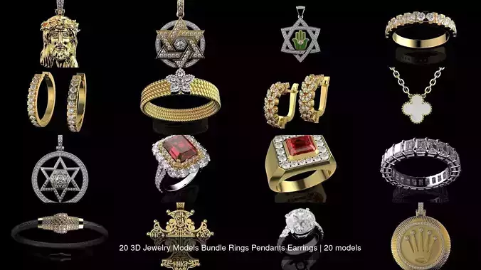 20 3D Jewelry Models Bundle Rings Pendants Earrings 3D Model Collection