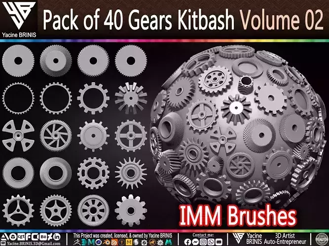 Pack of 40 IMM Gears Brushes for ZBrush Kitbash Volume 02 Low-poly 3D model