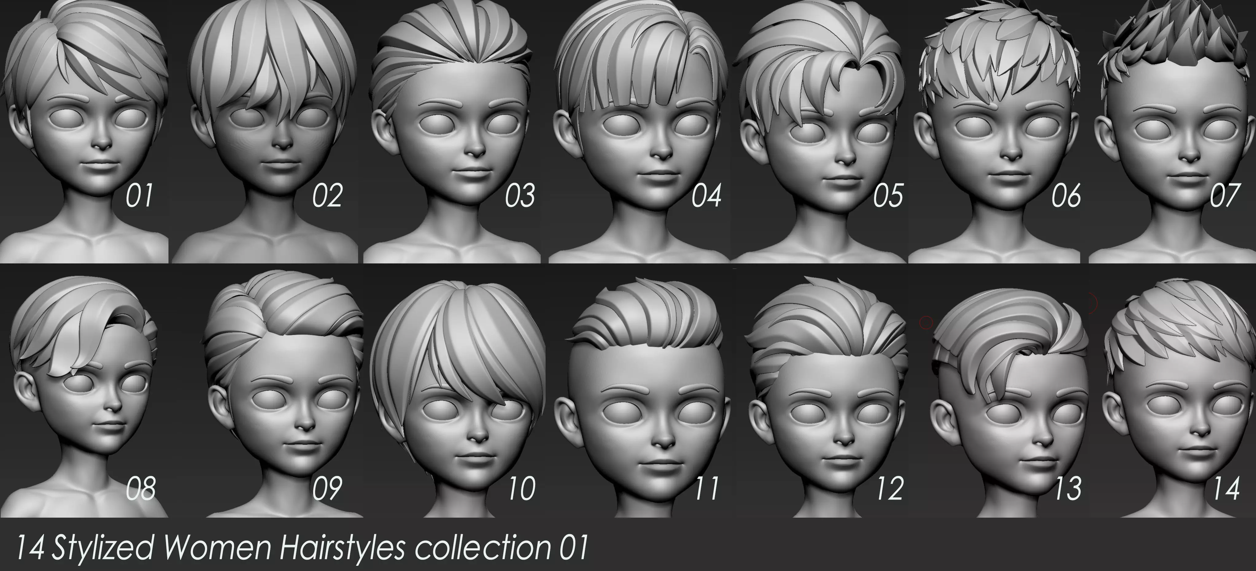 Highpoly Lowpoly 14 Stylized Hair package 01 Low-poly 3D model_0