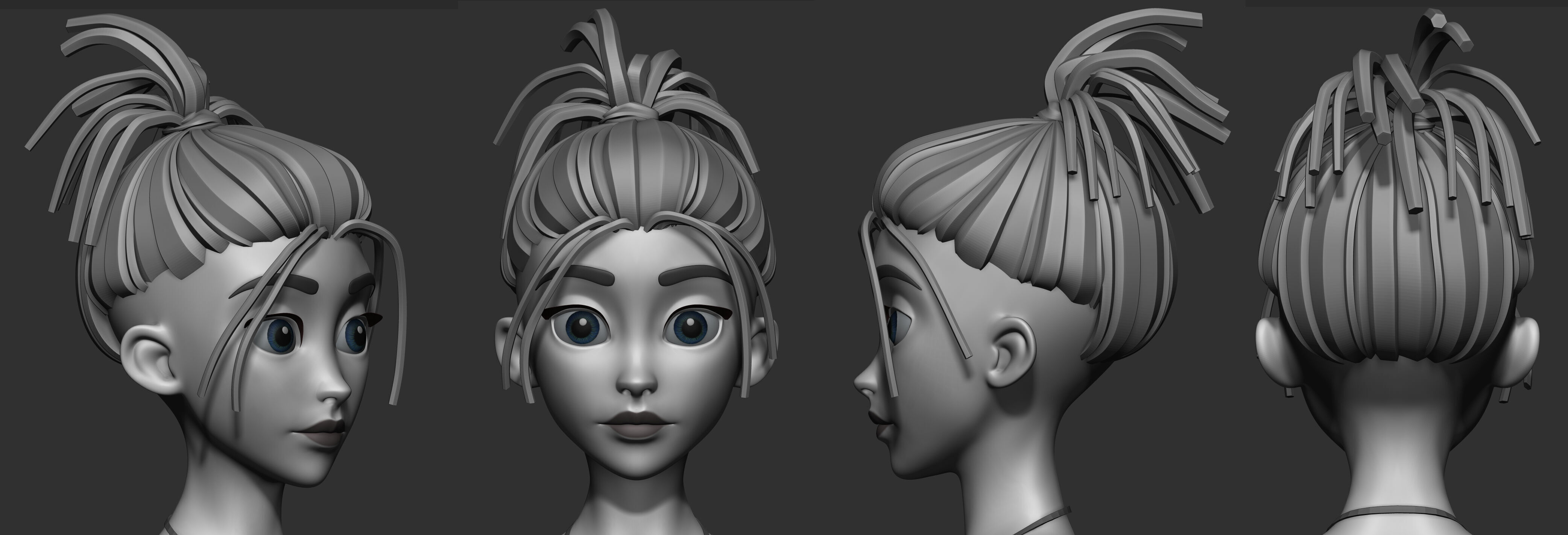 Highpoly and Lowpoly 8 Stylized Hair package 02 for female girl  Low-poly 3D model_9