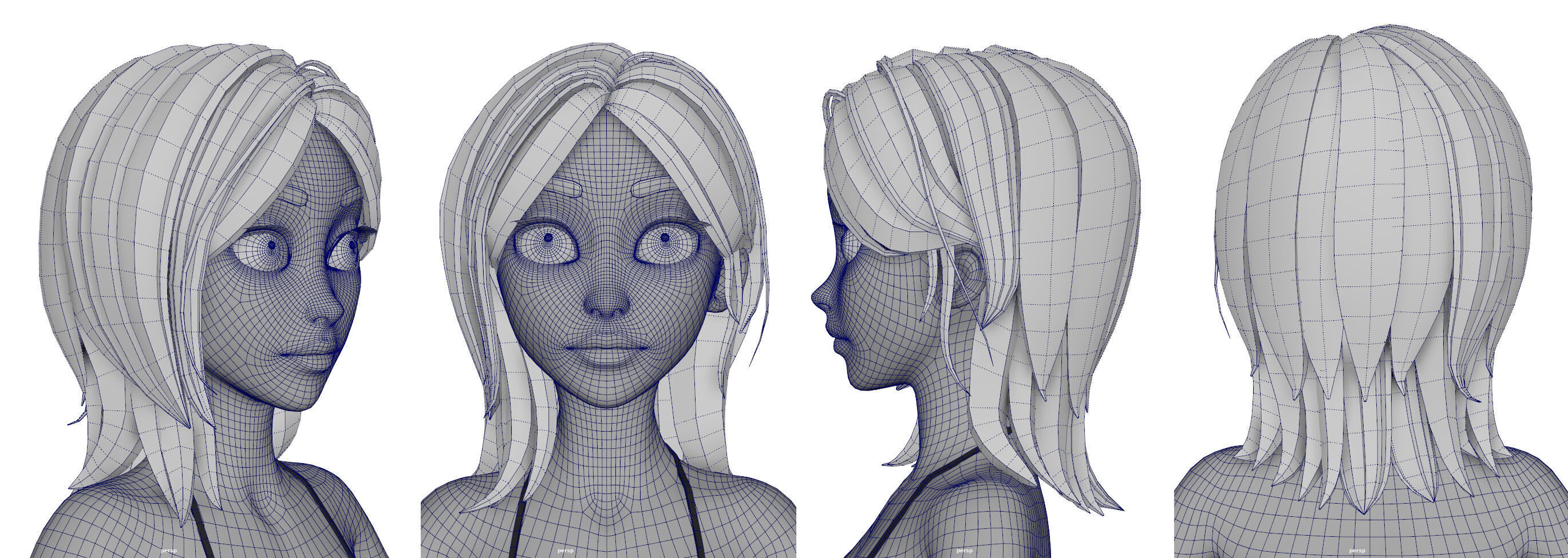 Highpoly and Lowpoly 8 Stylized Hair package 02 for female girl  Low-poly 3D model_3