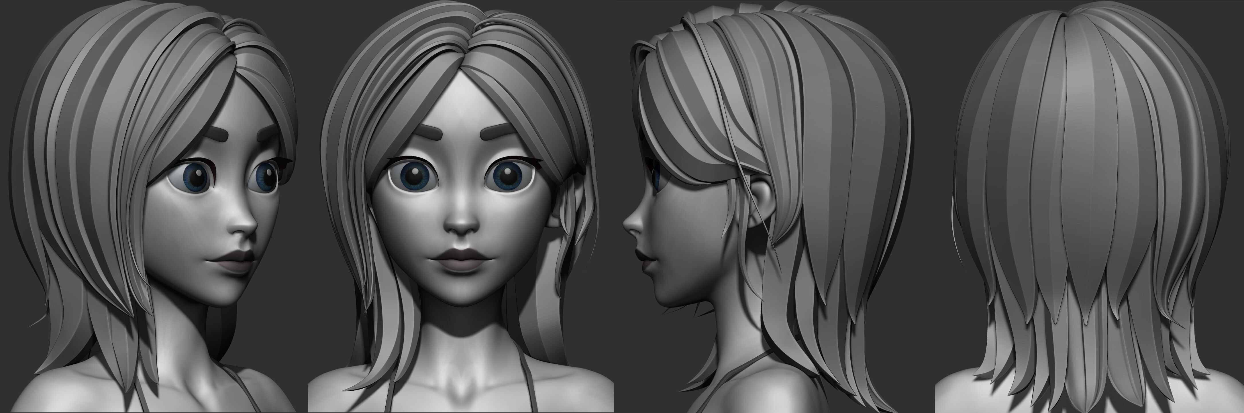 Highpoly and Lowpoly 8 Stylized Hair package 02 for female girl  Low-poly 3D model_2