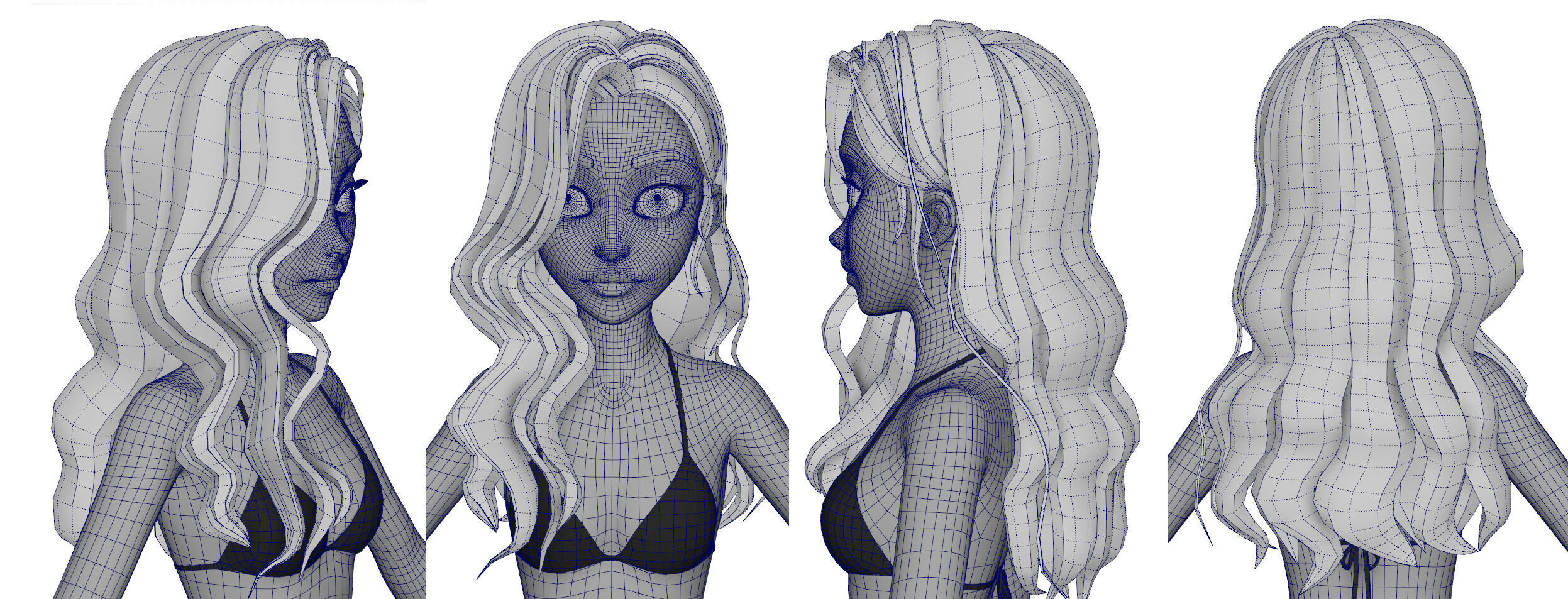 Highpoly and Lowpoly 8 Stylized Hair package 02 for female girl  Low-poly 3D model_11