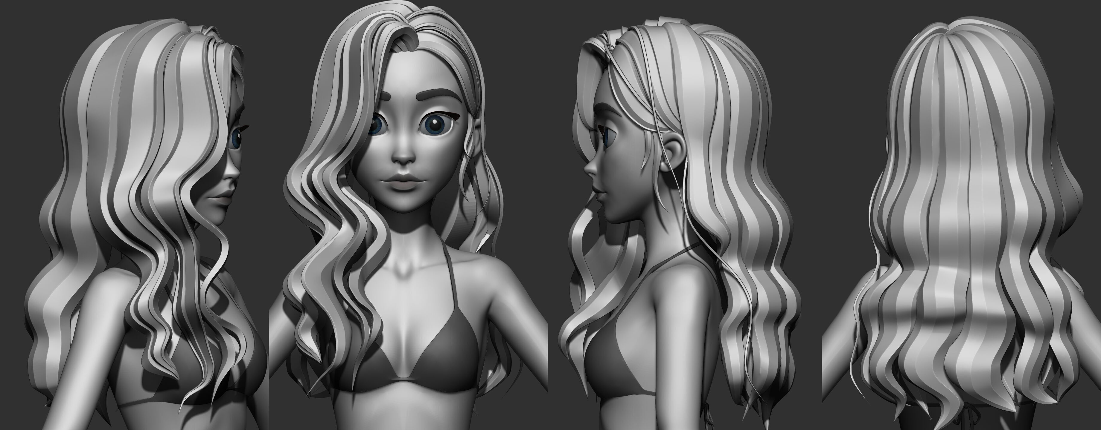 Highpoly and Lowpoly 8 Stylized Hair package 02 for female girl  Low-poly 3D model_12