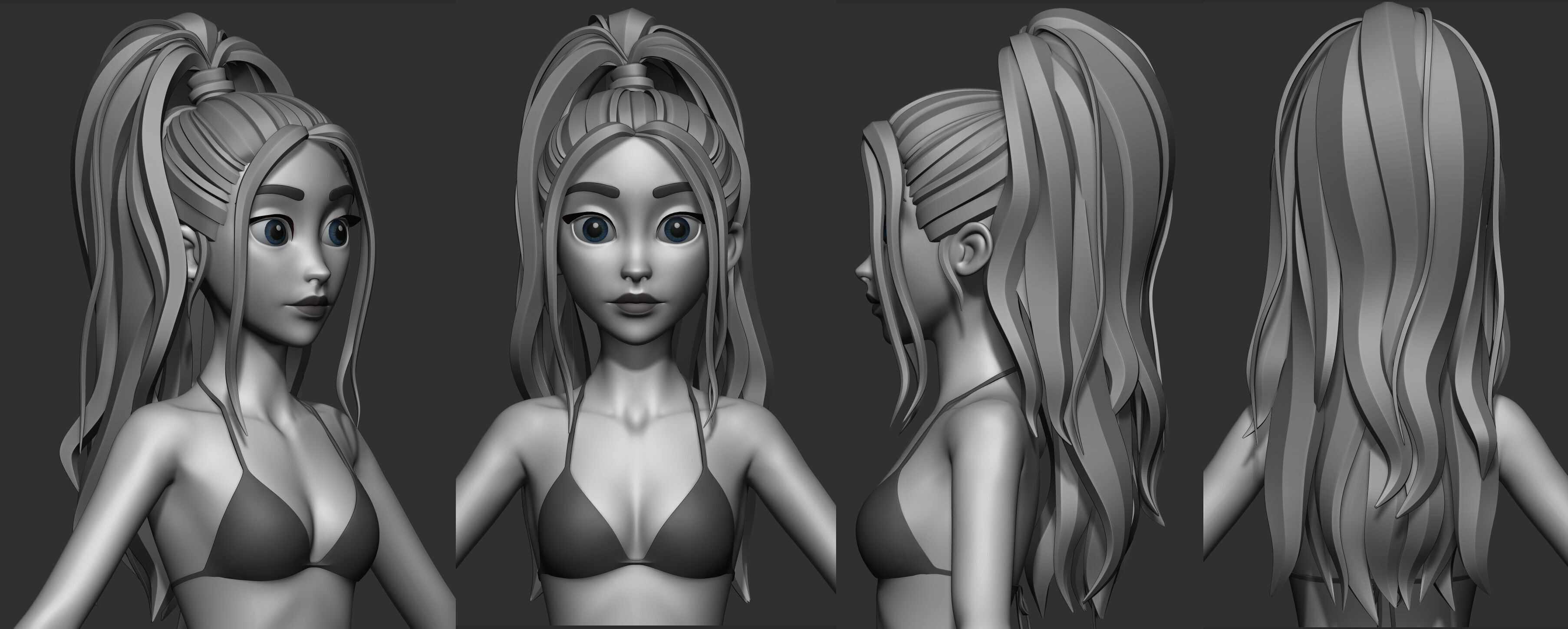 Highpoly and Lowpoly 8 Stylized Hair package 02 for female girl  Low-poly 3D model_6