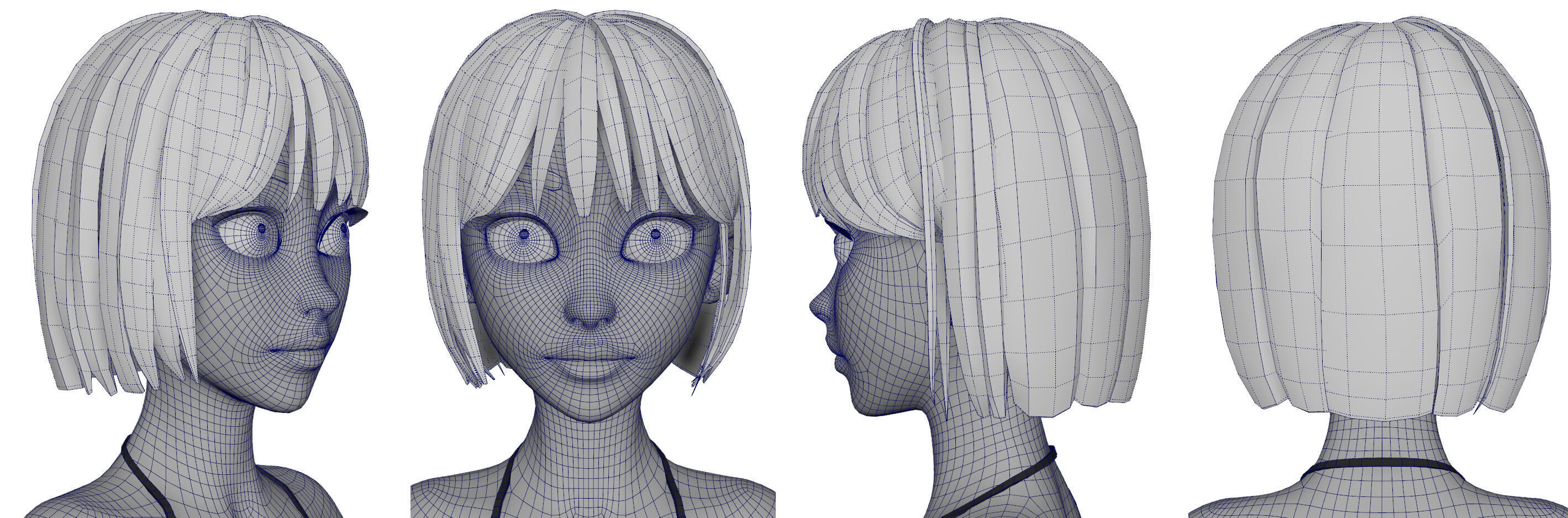 Highpoly and Lowpoly 8 Stylized Hair package 02 for female girl  Low-poly 3D model_16