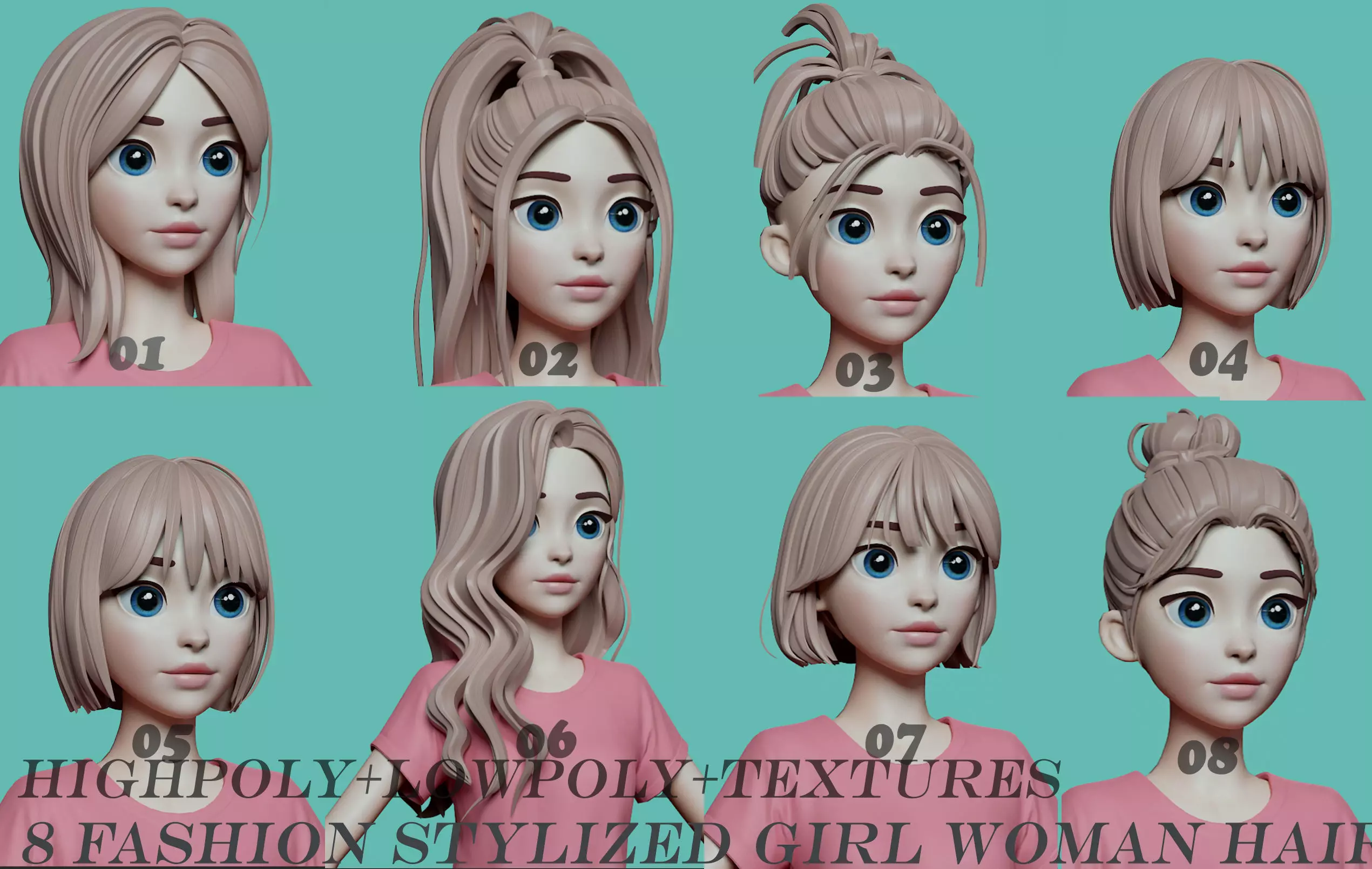 Highpoly and Lowpoly 8 Stylized Hair package 02 for female girl  Low-poly 3D model_0