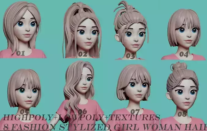 Highpoly and Lowpoly 8 Stylized Hair package 02 for female girl  Low-poly 3D model