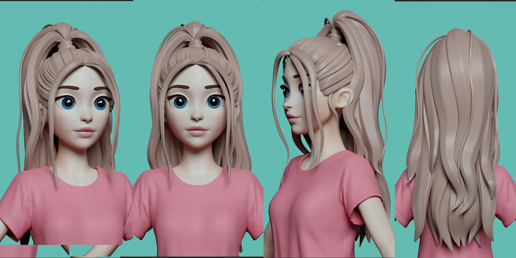 Highpoly and Lowpoly 8 Stylized Hair package 02 for female girl  Low-poly 3D model_5