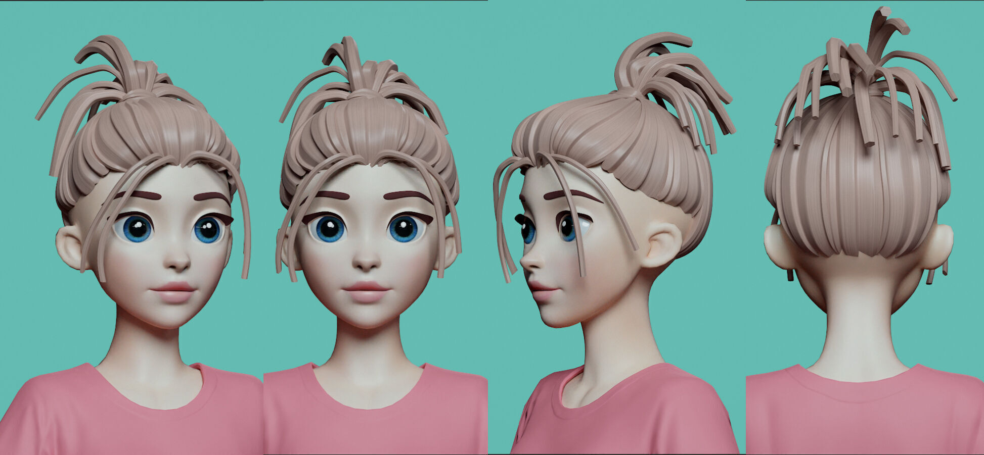 Highpoly and Lowpoly 8 Stylized Hair package 02 for female girl  Low-poly 3D model_7