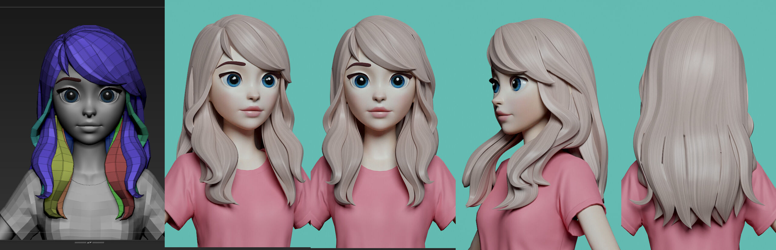 Highpoly and Lowpoly 8 cartoon Stylized Hair package 4 female Low-poly 3D model_5