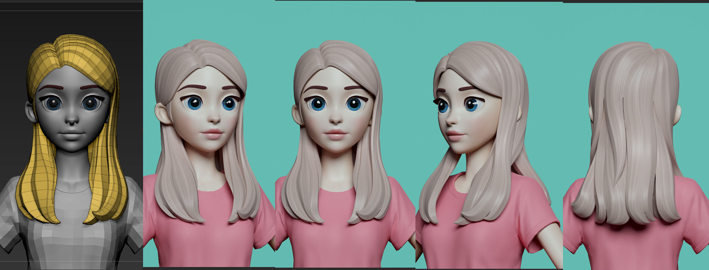 Highpoly and Lowpoly 8 cartoon Stylized Hair package 4 female Low-poly 3D model_3
