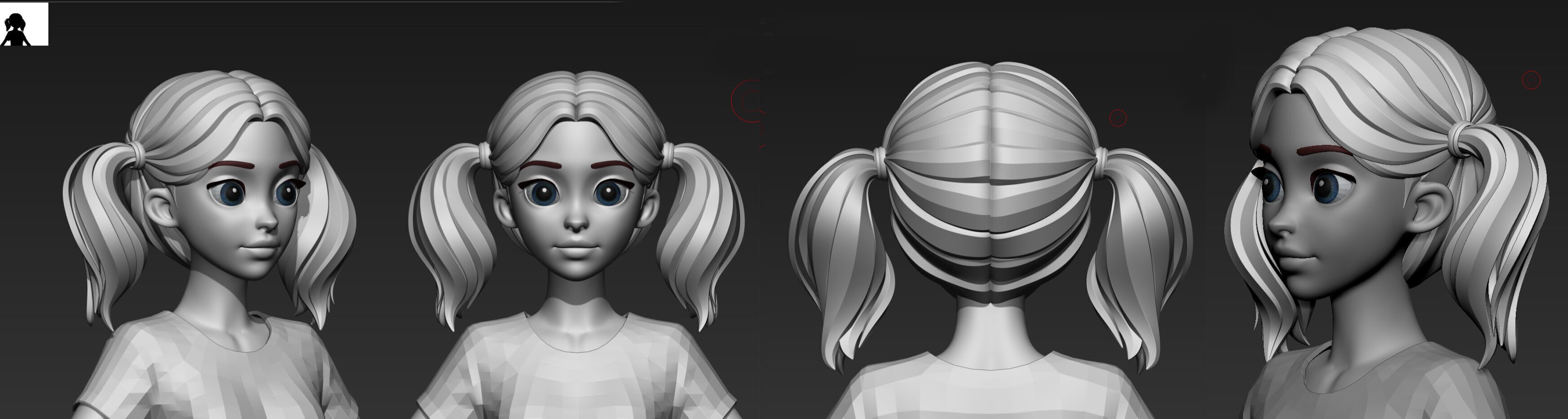 Highpoly and Lowpoly 8 cartoon Stylized Hair package 4 female Low-poly 3D model_16