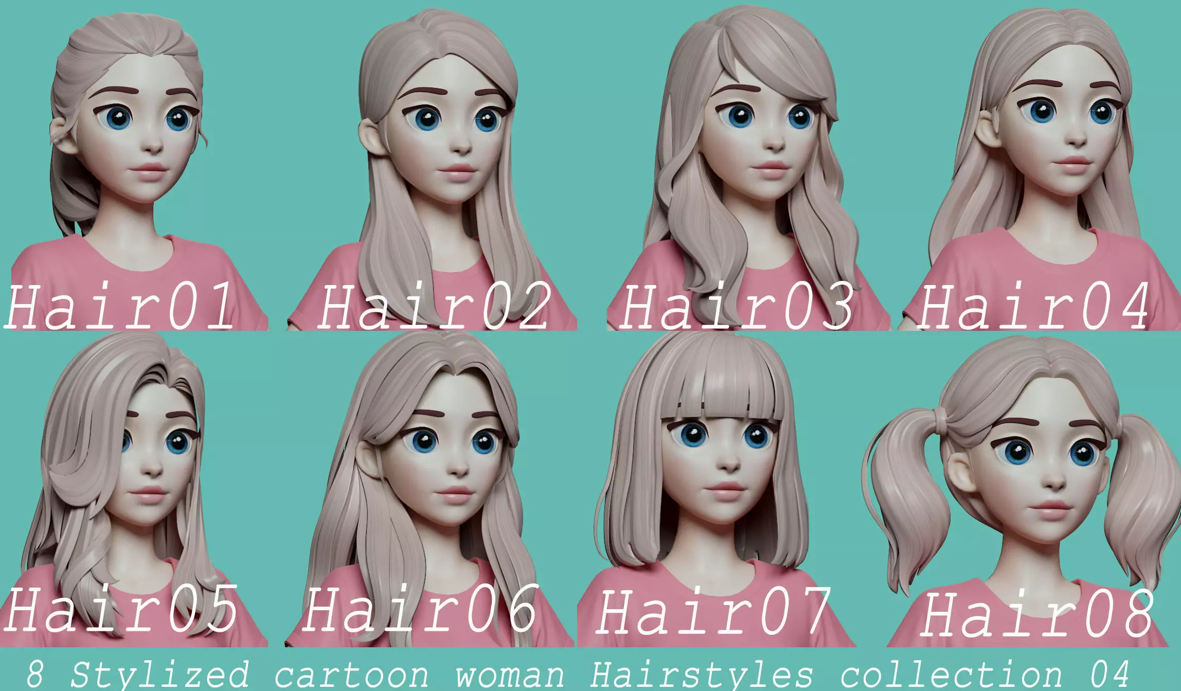 Highpoly and Lowpoly 8 cartoon Stylized Hair package 4 female Low-poly 3D model_0