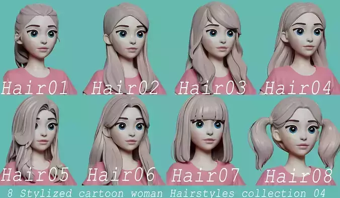 Highpoly and Lowpoly 8 cartoon Stylized Hair package 4 female Low-poly 3D model