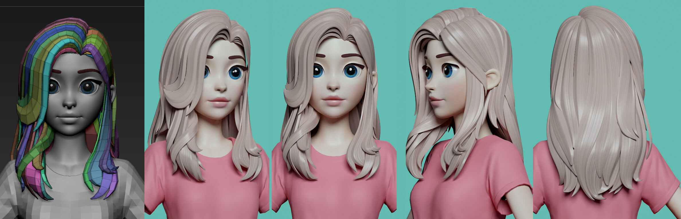 Highpoly and Lowpoly 8 cartoon Stylized Hair package 4 female Low-poly 3D model_9