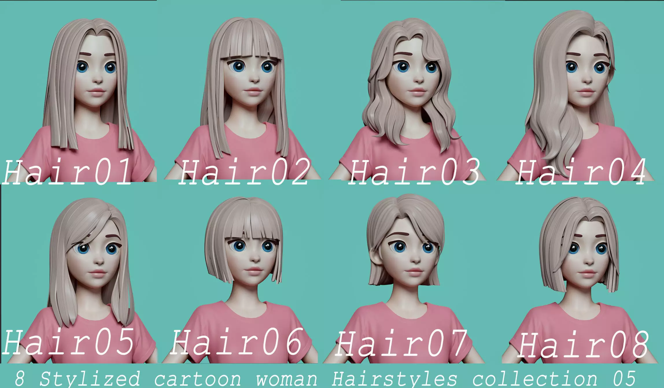 Highpoly and Lowpoly 8 cartoon Stylized Hair package 5  Low-poly 3D model_0