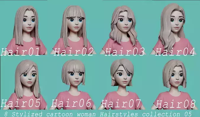 Highpoly and Lowpoly 8 cartoon Stylized Hair package 5  Low-poly 3D model