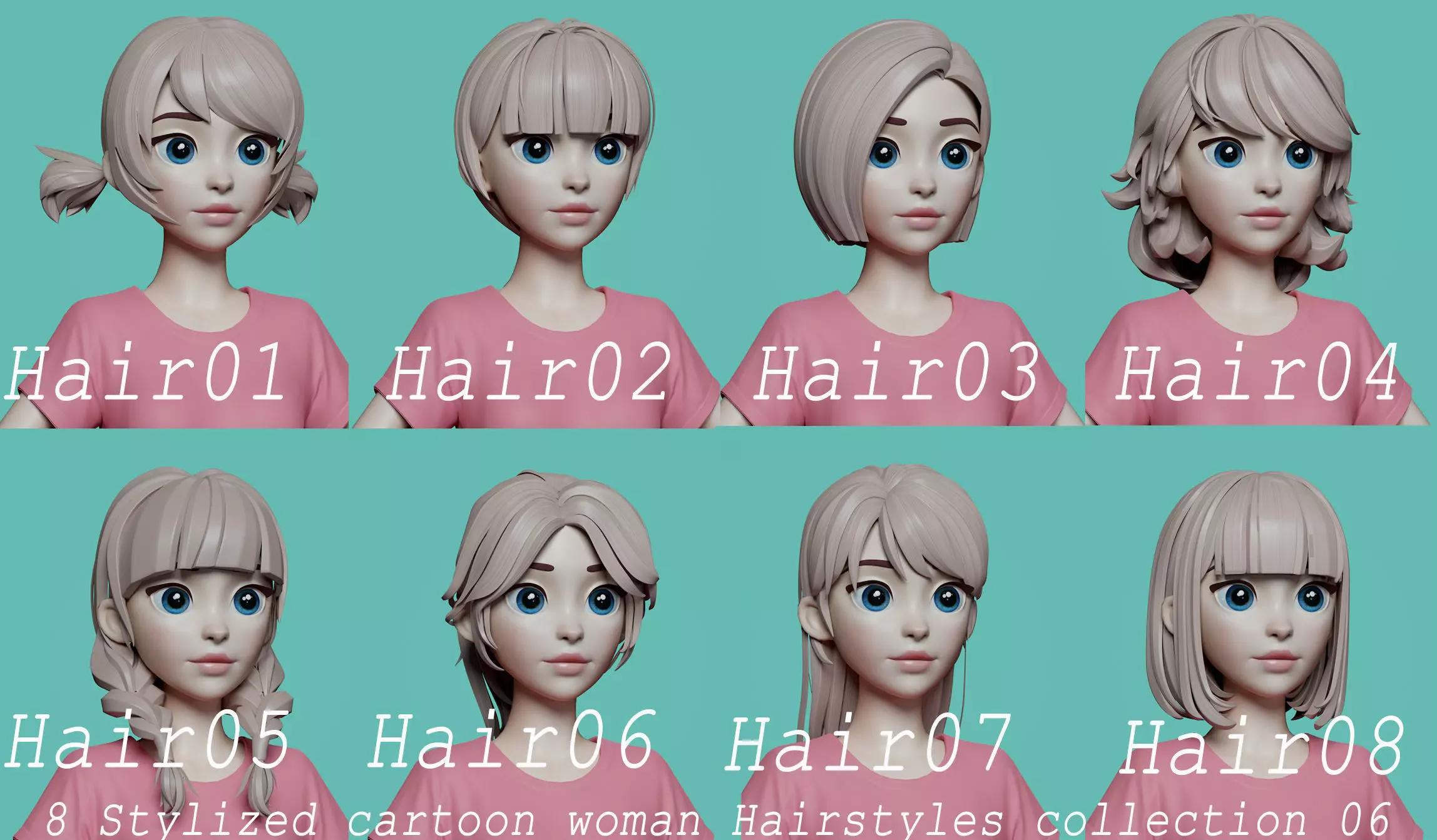 Highpoly and Lowpoly 8 cartoon Stylized Hair package 6 Low-poly 3D model_0
