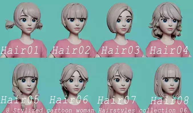 Highpoly and Lowpoly 8 cartoon Stylized Hair package 6 Low-poly 3D model