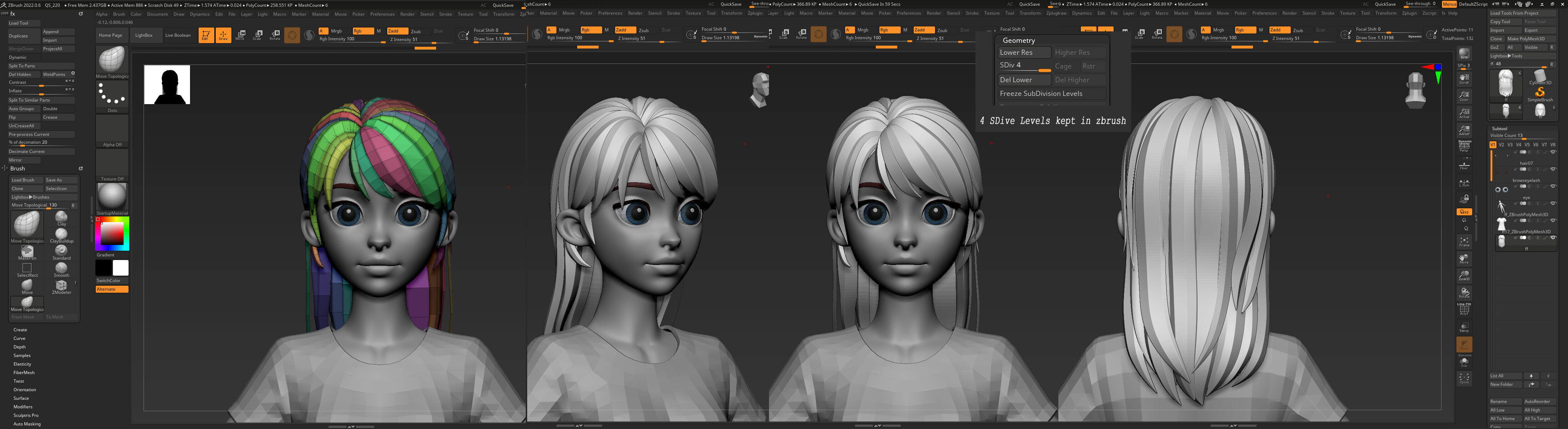 Highpoly and Lowpoly 8 cartoon Stylized Hair package 6 Low-poly 3D model_14