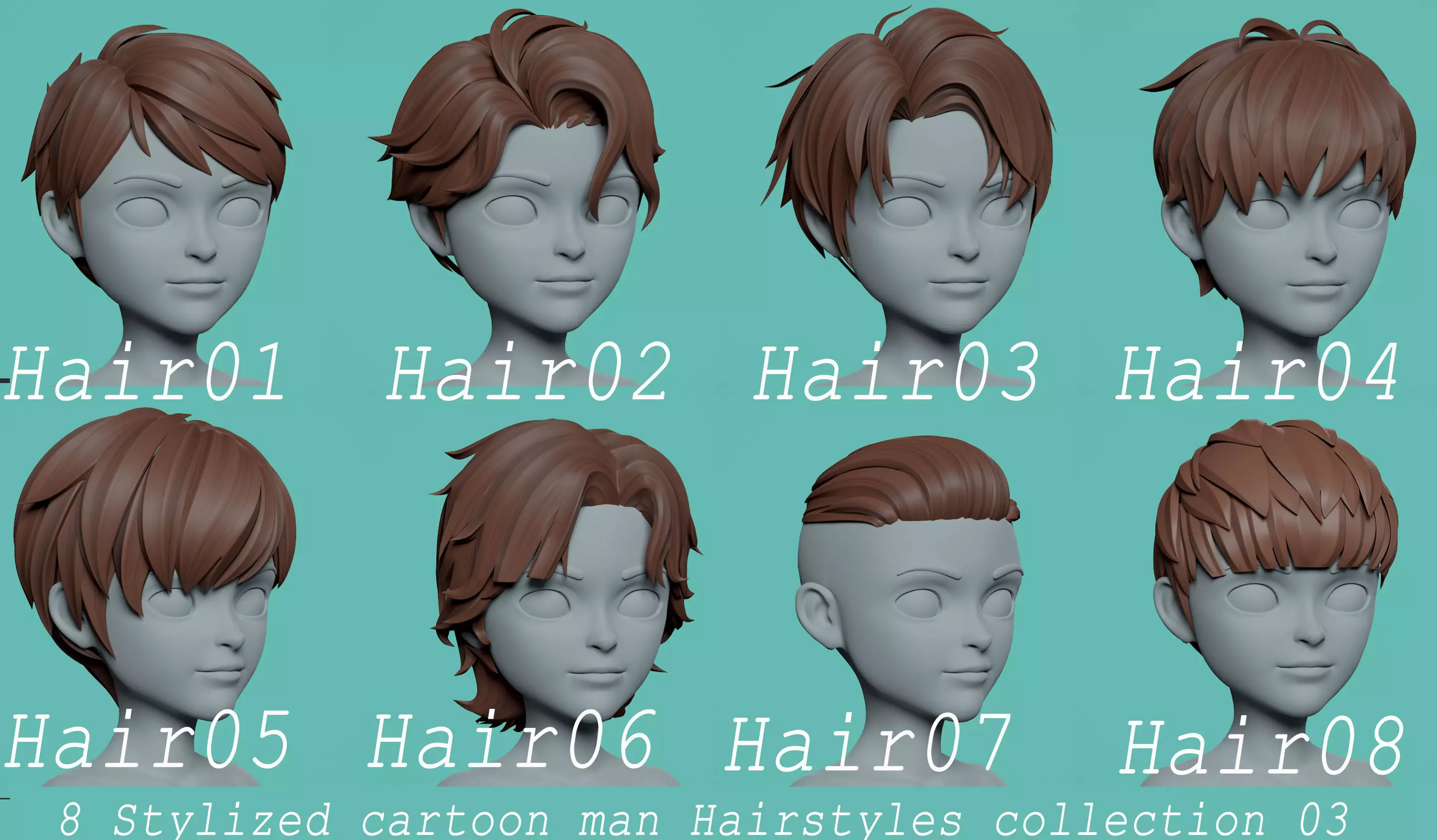 Highpoly and Lowpoly 8 cartoon Stylized Hair package 7 Low-poly 3D model_0