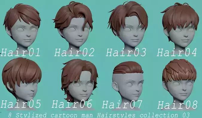 Highpoly and Lowpoly 8 cartoon Stylized Hair package 7 Low-poly 3D model