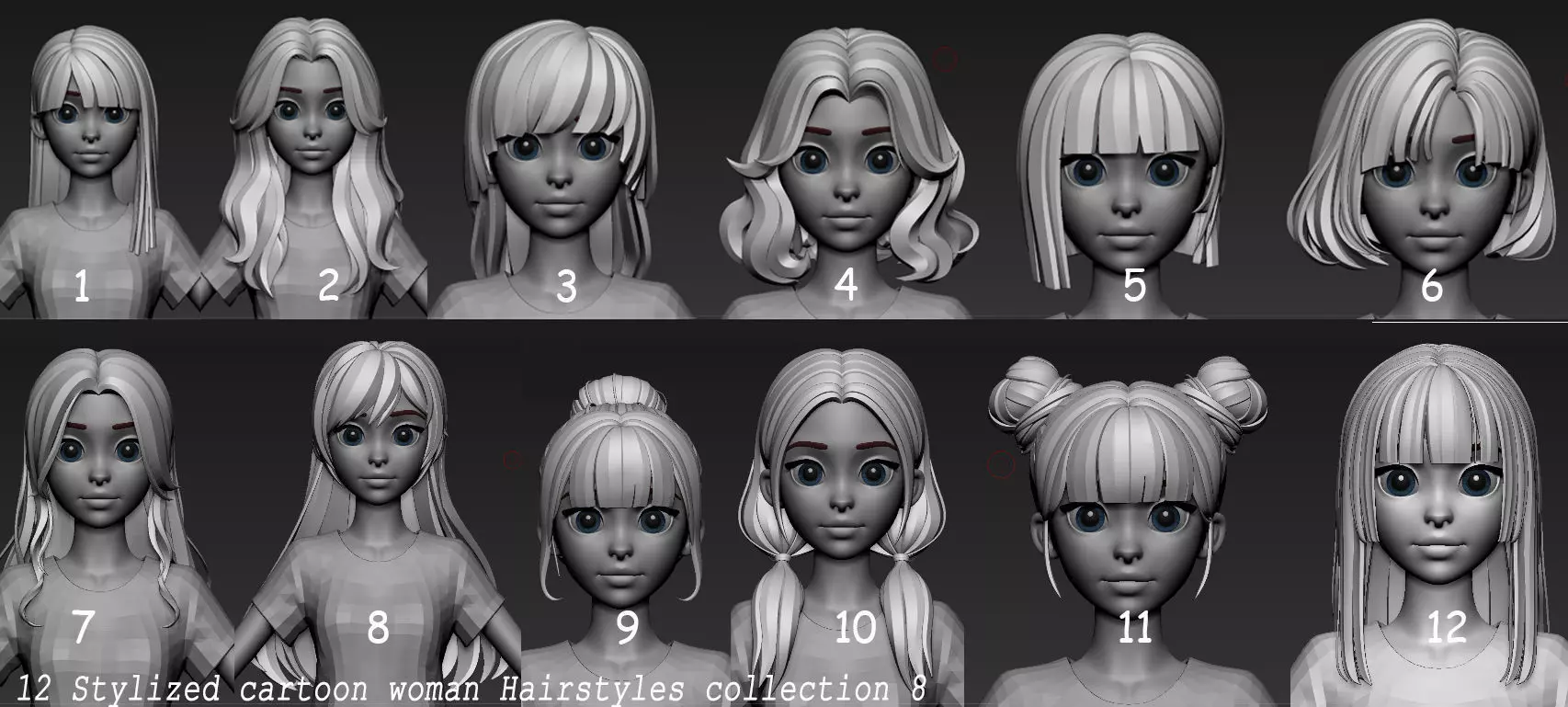 Highpoly and Lowpoly 12 cartoon Stylized Hair package 8 Low-poly 3D model_0
