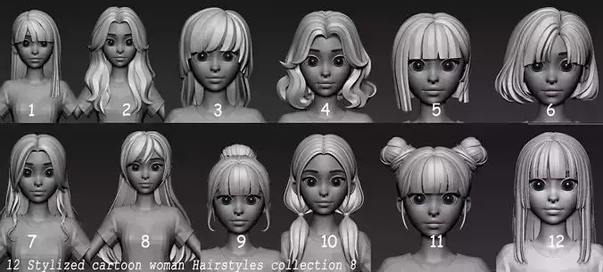 Highpoly and Lowpoly 12 cartoon Stylized Hair package 8 Low-poly 3D model
