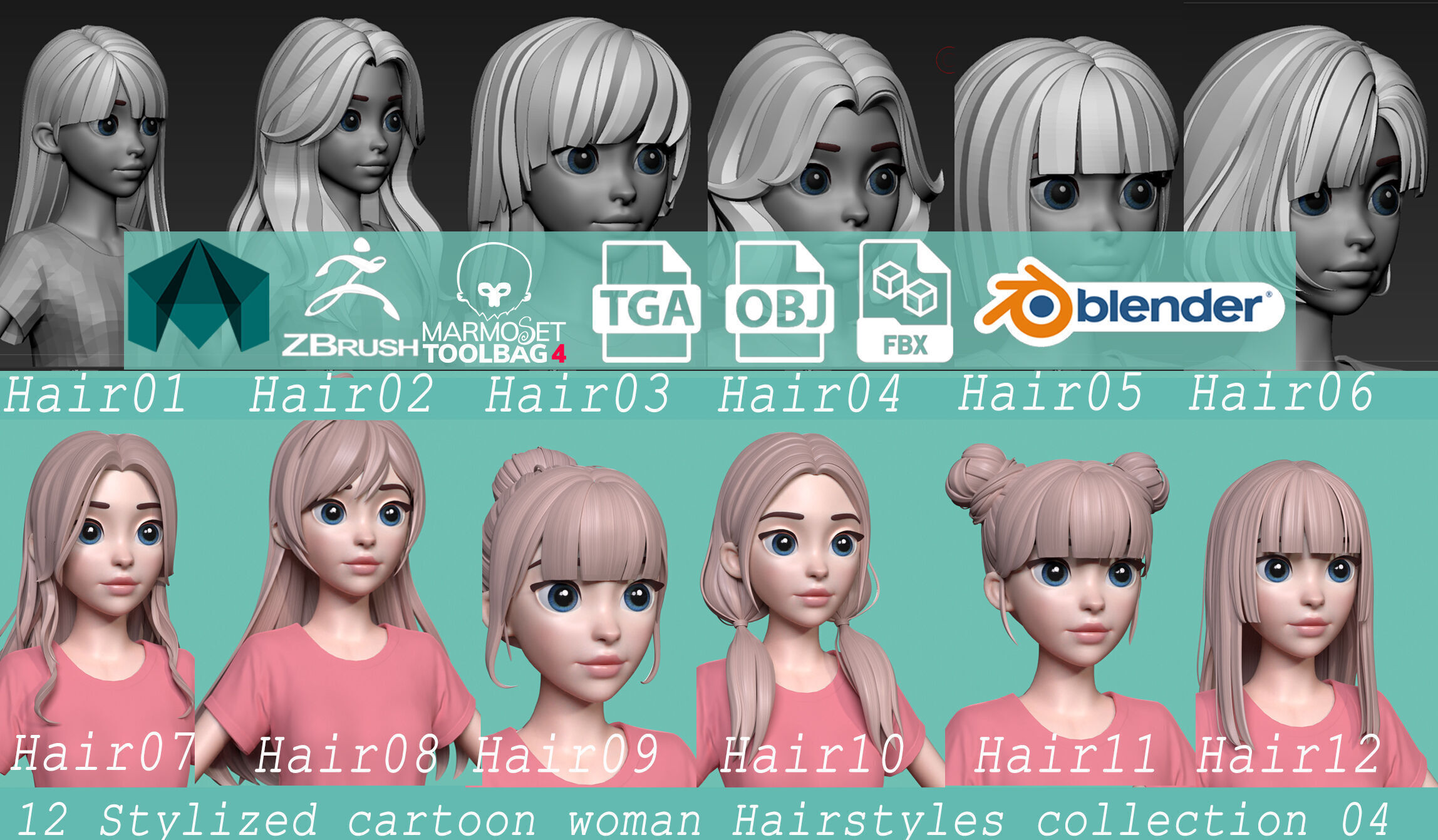 Highpoly and Lowpoly 12 cartoon Stylized Hair package 8 Low-poly 3D model_26