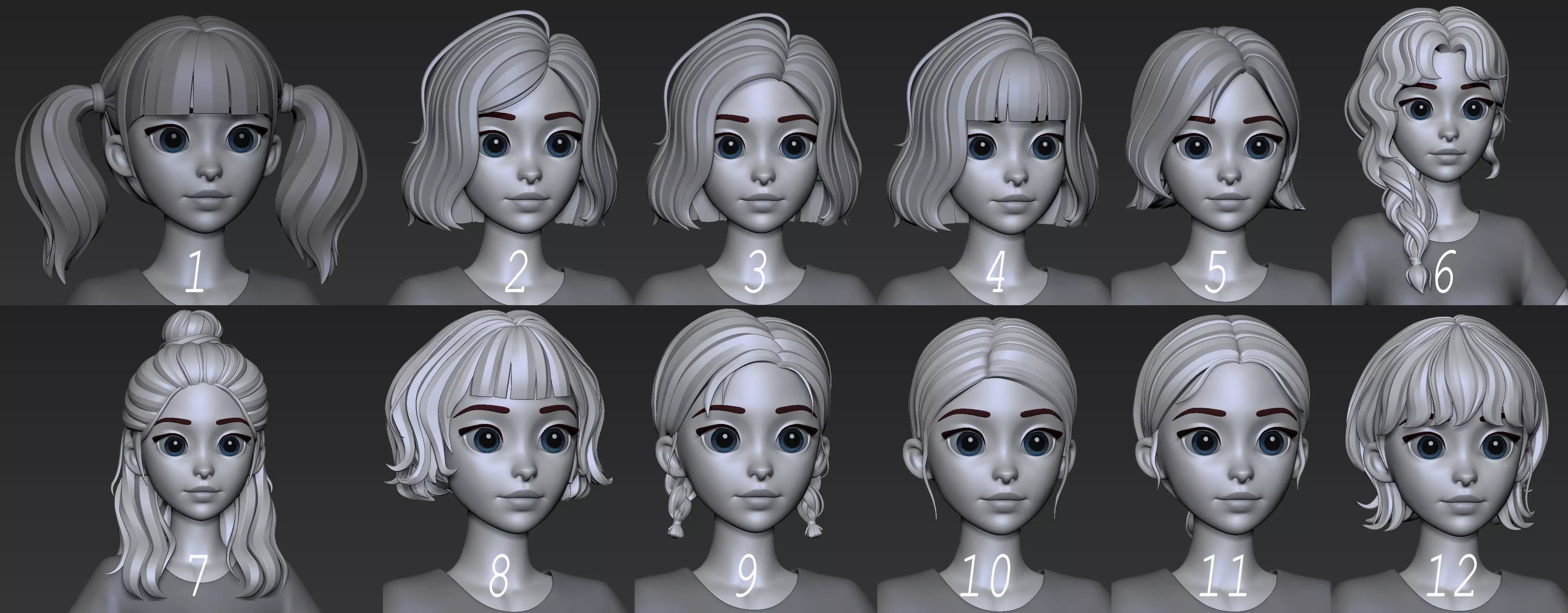 Highpoly and Lowpoly 12 cartoon Stylized Hair package 9 Low-poly 3D model_0