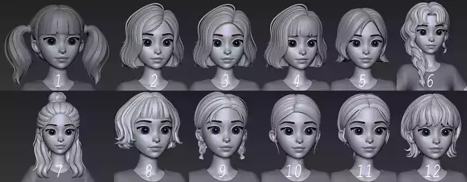 Highpoly and Lowpoly 12 cartoon Stylized Hair package 9 Low-poly 3D model