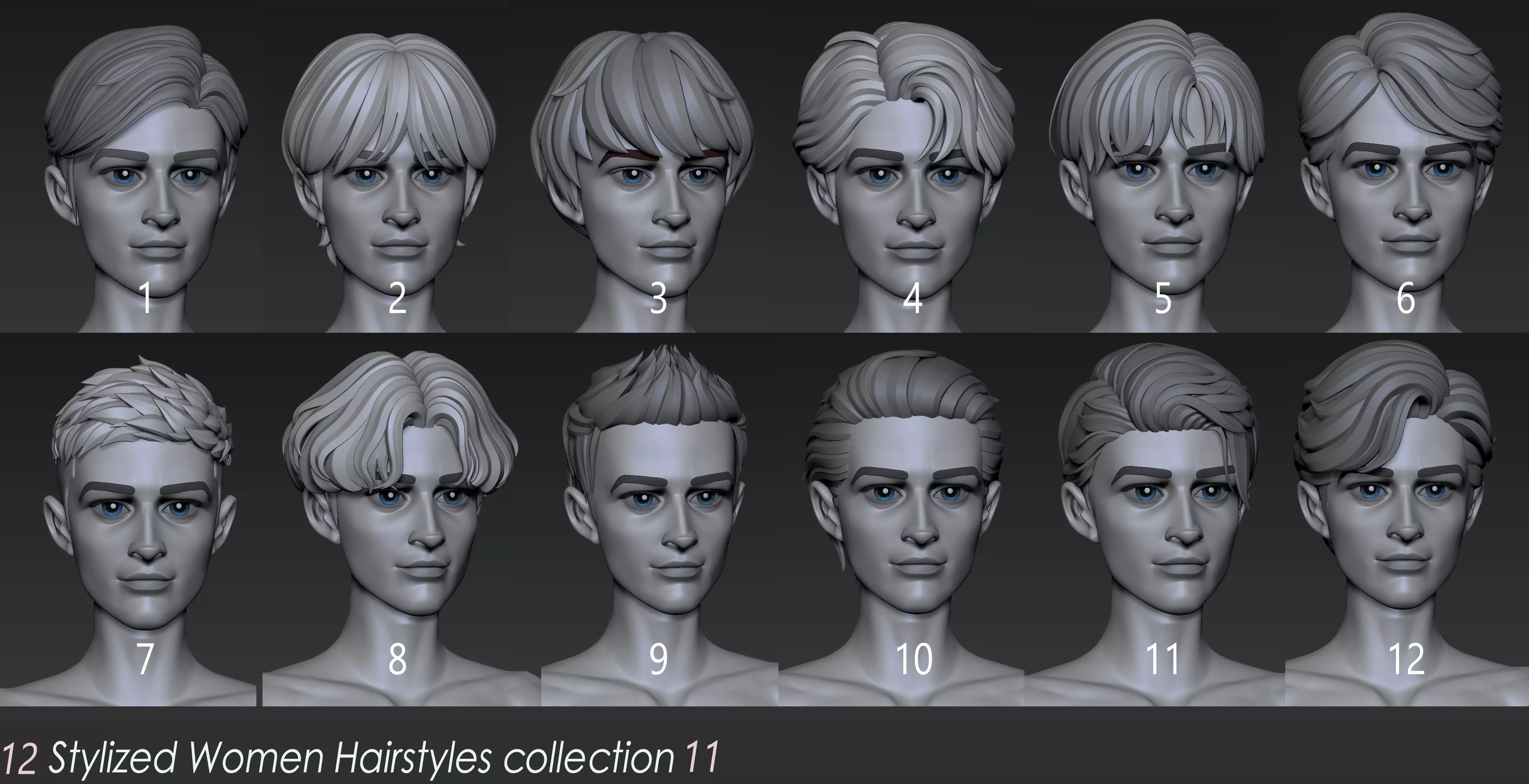Highpoly and Lowpoly 12 cartoon Stylized Hair package11 Low-poly 3D model_0