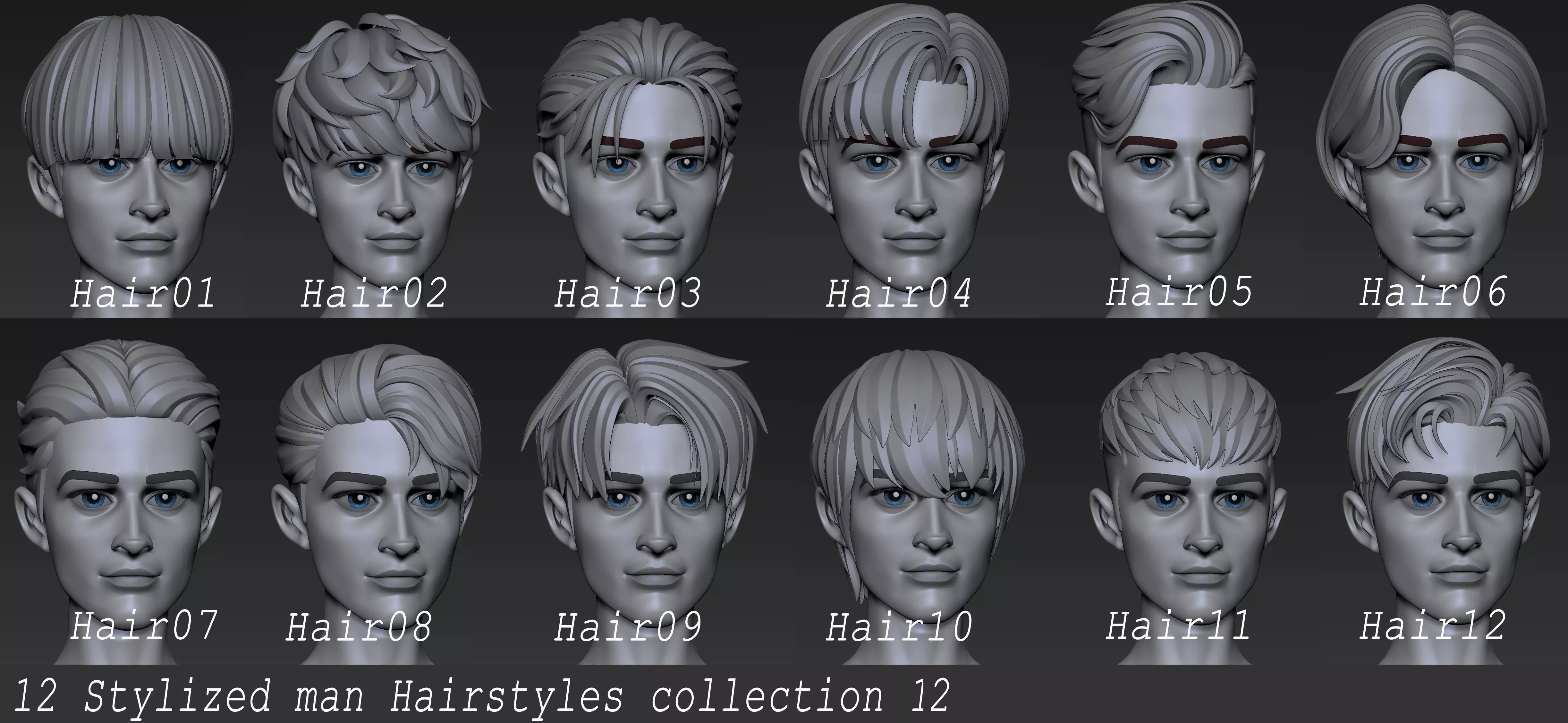 Highpoly and Lowpoly 12 cartoon Stylized Hair package 12 Low-poly 3D model_0